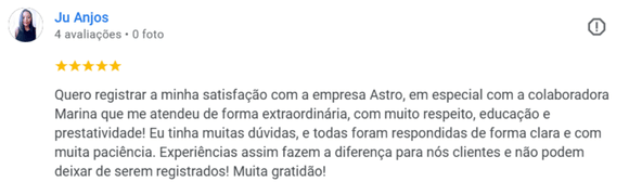 Avaliação 5 estrelas consultora Marina - Cliente satisfeito com suporte e atendimento.