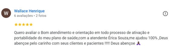 Avaliação 5 estrelas consultora Érica - Cliente satisfeito com as opções de planos.
